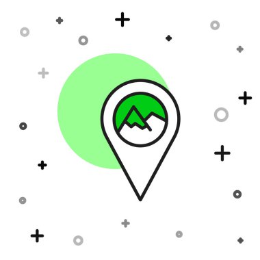 Filled outline Map pointer with mountain icon isolated on white background. Mountains travel icon. Vector.