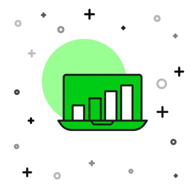 Beyaz arkaplanda izole edilmiş grafik grafik çizelgesi simgesi ile doldurulmuş dizüstü bilgisayar. Metin dosya simgesini rapor et. Muhasebe tabelası. Denetim, analiz, planlama. Vektör.