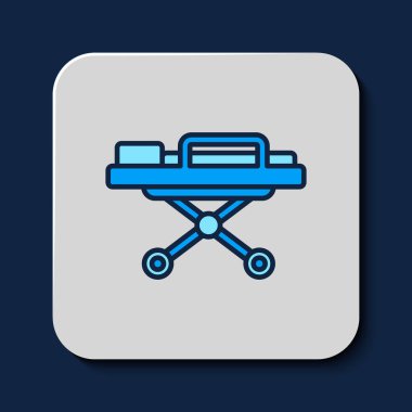 Doldurulmuş ana hatlı Sedye simgesi mavi arkaplanda izole edildi. Hastanenin tıbbi sedyesi. Vektör.