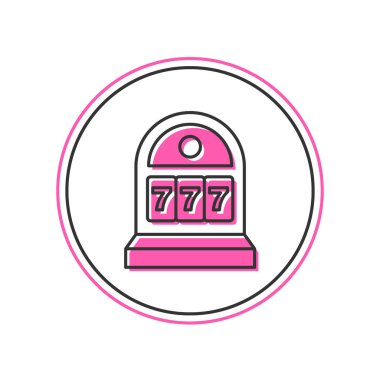 Beyaz arka planda izole edilmiş şanslı yedili büyük ikramiye ikonu ile ana hatlı kumar makinesi. Vektör.