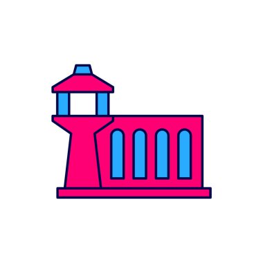 Beyaz arka planda izole edilmiş ana hatlı havaalanı kontrol kulesi simgesi. Vektör.