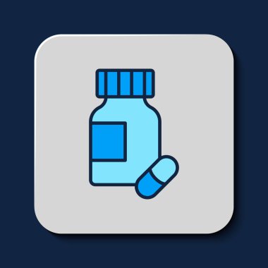 Mavi arka planda izole edilmiş ana hatlı sakinleştirici hap ikonu. Vektör.