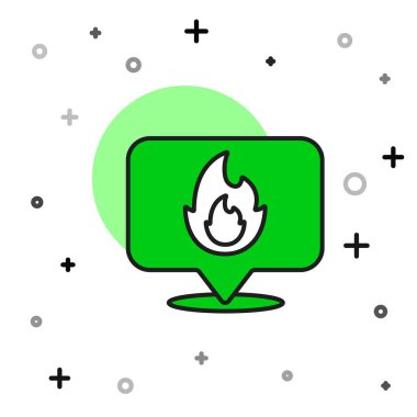 Beyaz arkaplanda izole edilmiş ateş alev ikonu ile ana hatlı harita işaretleyicisi. Yakında yangın var. Vektör.