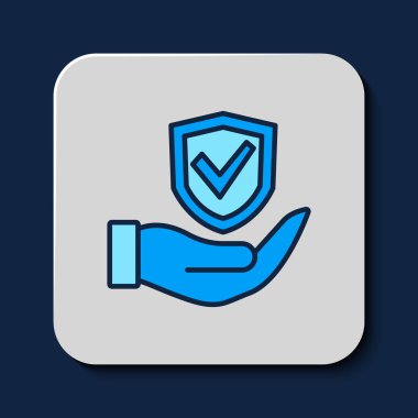 Mavi arka planda el simgesinde ana hatlarıyla doldurulmuş Kalkan. Sigorta konsepti. Gardiyan. Güvenlik, güvenlik, koruma, gizlilik kavramı. Vektör.