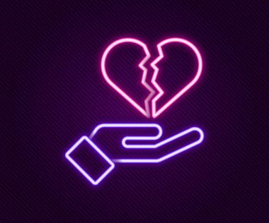 Parlayan neon hattı. Kırık kalp ya da boşanma ikonu. Siyah arka planda izole edilmiş. Aşk sembolü. Sevgililer Günü. Renkli taslak konsepti. Vektör.