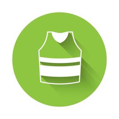 Beyaz atlet simgesi uzun gölge arkaplan izole. Yeşil daire düğmesi. Vektör.