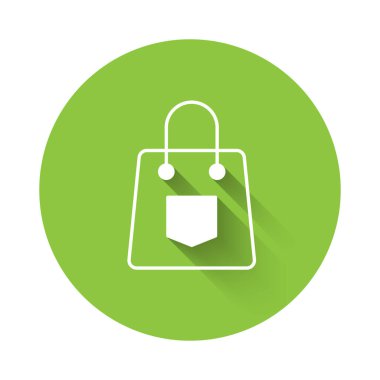 Beyaz El Çantası simgesi uzun gölge arkaplan izole. Kadın el çantası işareti. Glamour günlük bagaj sembolü. Yeşil daire düğmesi. Vektör.