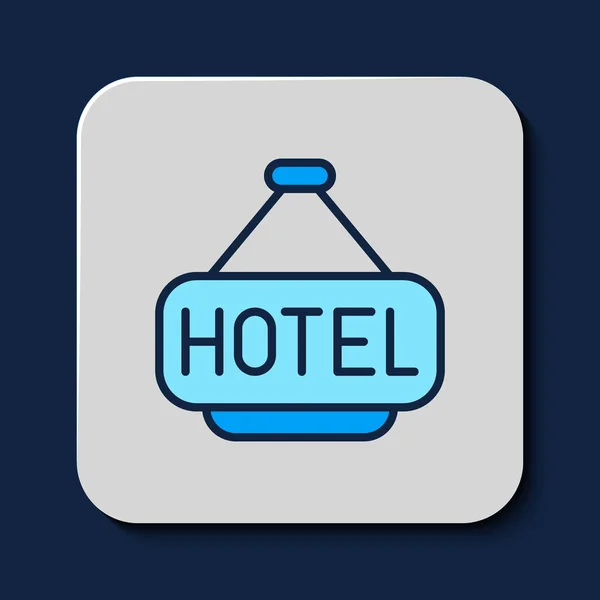 記入概要青い背景に隔離されたテキストホテルのアイコンと看板屋外広告 ベクトル — ストックベクタ