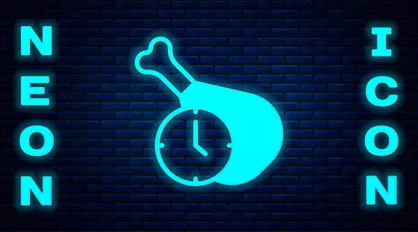 Glowing Neon Food Time Icon Isolated Brick Wall Background Time — Stock Vector
