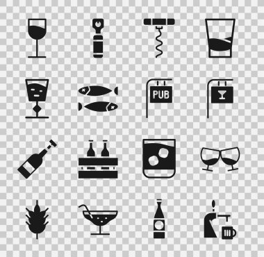 Bira musluğunu bir bardak konyakla ya da brandy Street tabelası Bar Şarap tirbuşonu kurutulmuş balık ve bar ikonuyla kurut. Vektör.