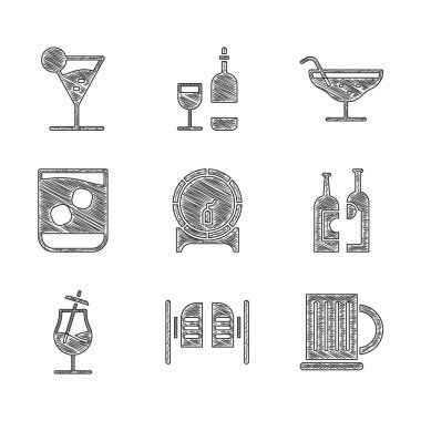 Ahşap fıçıyı rafa koyun. Salon kapısı bira kupası, şarap şişeleri. Kokteyl, bardak viski ve martini ikonu. Vektör.