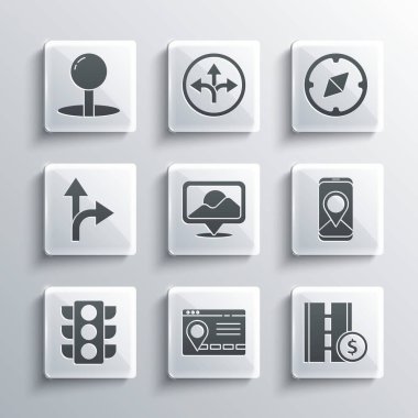 Şehir haritası navigasyon bilgisini ayarlayın Toll yol trafik levhası trafik ışığı yol itme pimi ve pusula simgesi. Vektör.