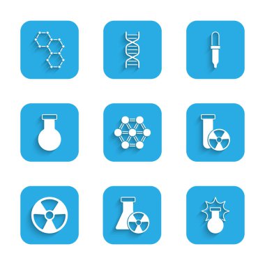 Molekül Test Tüpü Radyasyon Patlaması Radyoaktif ve matara Pipette ve formül ikonu ayarlayın. Vektör.