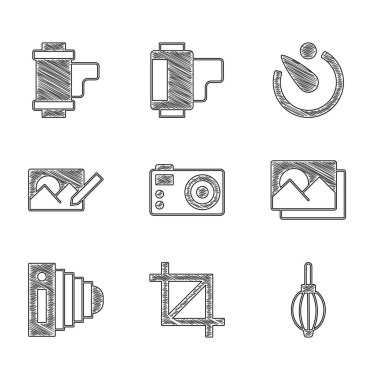 Fotoğraf makinesinin fotoğraf makinesinin toz üfleyici çerçeve rötuşunu ayarla. Kamera zamanlayıcısı ve rulo kartuş simgesi. Vektör.