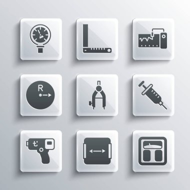 Banyo Ölçümü Şırınga Ölçeği Pusula Çekme Pusula Dijital Termometre Çapı Basınç Suyu ve Ölçme Cihazı simgesini Ayarlayın. Vektör.