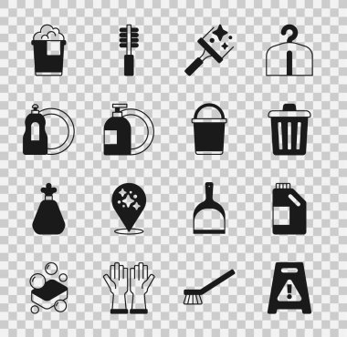 Temizlik malzemesi çöp tenekesi temizleyicisi için ıslak zemin şişesini hazırla. Bulaşık deterjanı kovasını köpük ve simgeyle yıka. Vektör.