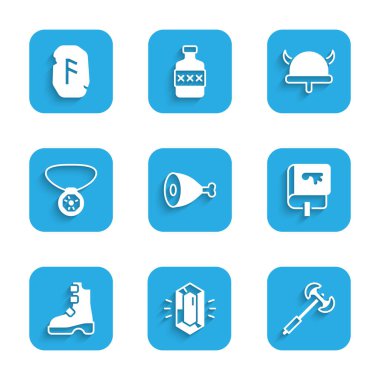 Tavuk budu taşı Ortaçağ kutup baltası Viking kitabı antik Viking çizmeleri boynuzlu değerli başlıklı kolye ve sihirli mühür simgesi. Vektör.