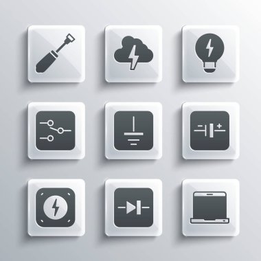 Diode 'u elektronik devre dizüstü bilgisayar DC voltaj kaynağı elektrik sembolü, şimşek anahtarı tornavida ve yaratıcı lamba ışığı ikonu olarak ayarla. Vektör.