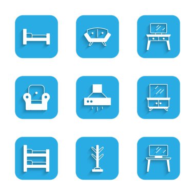 Mutfak sökücü yelek TV masasında, Ranza Kol Koltuğu ve Yatak simgesini hazırla. Vektör.