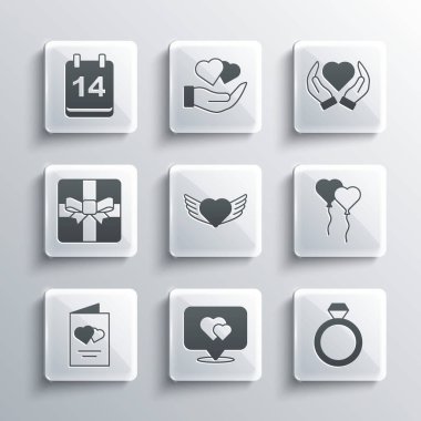 Kalp yüzüklü konumu ayarlayın. Balon şeklinde kalp kanatları Sevgililer Günü broşürü hediye kutusu takvimi 14 Şubat ve el ikonu. Vektör.