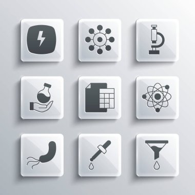 Pipette Funnel ya da filtre Atom Hesaplayıcı Bakteri Test Tüpü Şimşeği ve Mikroskop simgesini ayarla. Vektör.