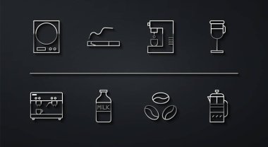 Elektronik ölçekler kahve makinesi İrlanda kahve şişesi süt, sigara makinesi ve ikon. Vektör.