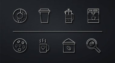 Tatlı jöleli Donut ya da bisküvi makineli kahve makinesi kahve kahve fincanı ve kalbi seçmeli seçim ve Fransız basın ikonu olması için ayarla. Vektör.