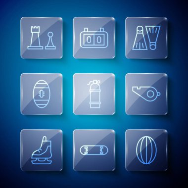 Aqualung Amerikan Futbol Satranç ve Düdük ikonu yüzmek için paten kayma numarası Rugby topu yüzgeçleri. Vektör.