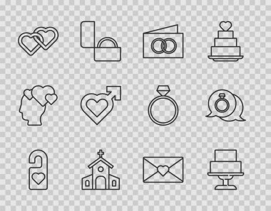 Lütfen düğün pastası tebrik kartı kilisesine erkek cinsiyeti, sevgililer günü zarfı ve elmas nişan yüzüğü ikonu olan İki Bağlı Kalp 'i rahatsız etmeyin. Vektör.