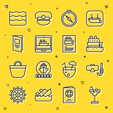 Kokteyl dalış maskesi ve şnorkel yolcu gemisi pusula broşürü ve ikonu ayarlayın. Vektör.