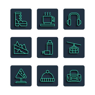 Yol tabelasını ayarlayın, çığ düştü. Kış şapkalı spor çanta kulaklık, termos konteynır, su geçirmez lastik bot ve kablo araba ikonu. Vektör.