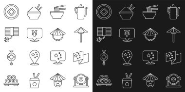 Set hattı Gong Çin, Asya 'dan Japon şemsiyesi Çin Yuan para kasesi Firework ve konik hasır şapka ikonu. Vektör.