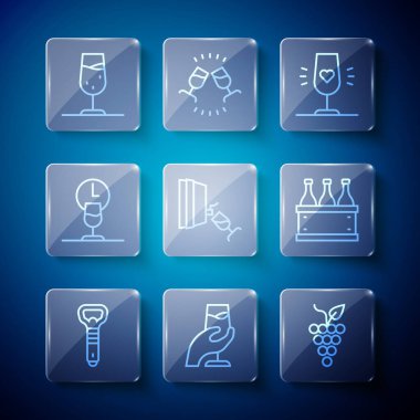 Şişe açacağını ayarla. Şarap tatma zamanı. Üzüm tatma zamanı ve şişe şarap kutusu ikonu. Vektör.