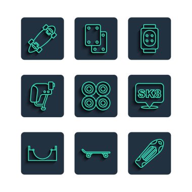 Çizgi kaykay pisti, dizlik, tekerlek kaskı, kaykay ve ikon. Vektör.