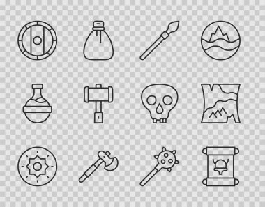 Kalkan Viking Parşömen Parşömeni, Ortaçağ mızrağı, tahta mızrak, balta, çekiç, sivri uçlu topuz ve katlanmış harita ikonu. Vektör.