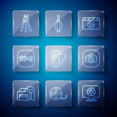 Cinema camera Film makarası deklanşör film çekim kartuşu fotoğraf çerçevesi 16 Tripod ve simge ayarlayın. Vektör.