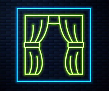 Parlayan neon hattı sirk perdesi tuğla duvar arka planında izole edilmiş simgeyi kaldırır. Tiyatro ya da opera sahnesi için, konser açılışı ya da sinema galası için. Vektör.