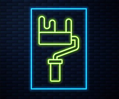 Parlak neon çizgisi boya fırçası ikonu tuğla duvar arka planında izole edilmiş. Vektör.