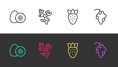 Kivi meyveli Ginger kök çilek ve üzümlü siyah beyaz. Vektör.