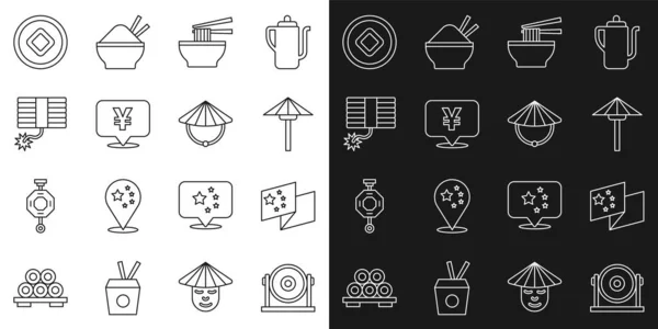 布线孔中日本国旗雨伞从日光浴亚洲面碗中元货币烟花和锥形草帽图标 — 图库矢量图片