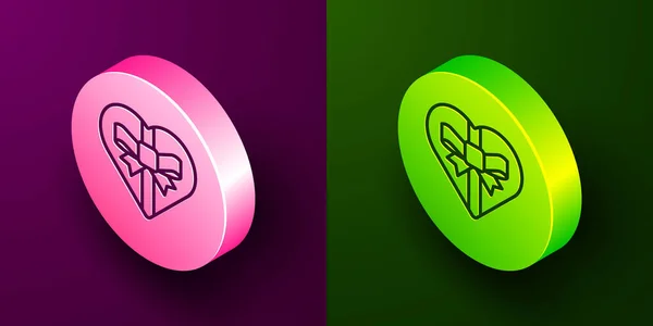 Изометрическая Линия Candy Форме Сердца Коробка Лук Значок Изолированы Фиолетовом — стоковый вектор