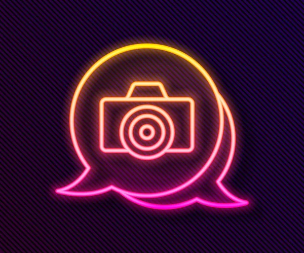 Gloeiende Neon Lijn Fotocamera Icoon Geïsoleerd Zwarte Achtergrond Foto Camera — Stockvector