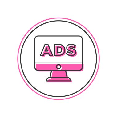 Doldurulmuş ana hat reklam simgesi beyaz arkaplanda izole edildi. Pazarlama ve tanıtım süreci kavramı. İlgili reklamlar. Sosyal medya reklamcılığı. Vektör.