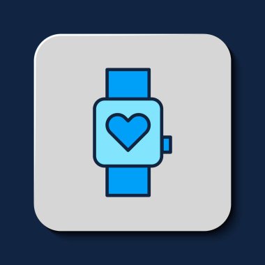 Doldurulmuş akıllı saat mavi arkaplanda kalp atış hızı simgesini gösteriyor. Fitness uygulaması konsepti. Vektör.