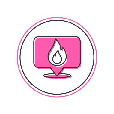 Beyaz arkaplanda izole edilmiş ateş alev ikonu ile ana hatlı harita işaretleyicisi. Yakında yangın var. Vektör.