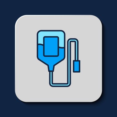 Serum torbası ikonu mavi arkaplanda izole edildi. Kan torbası. Kan bağışı konsepti. Tedavi ve terapi kavramı, kemoterapi. Vektör.