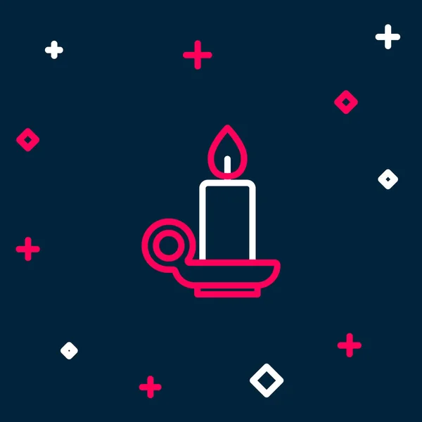 在蓝色背景上隔离的烛台图标中燃烧蜡烛的线条 圆柱形蜡烛与燃烧的火焰粘在一起 五彩缤纷的概念 — 图库矢量图片