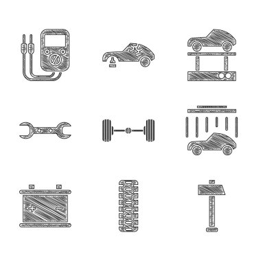 Chassis araba tekerleği çekiç yıkama anahtarı anahtarlarını asansörde ve Multimetre simgesinde tamir et. Vektör.