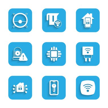 İşlemciyi İşlemci Akıllı Anahtar Wi-Fi kablosuz internet ağ elektrik prizi ev alarmlı çan çalar mobil akıllı ve robot elektrik süpürgesi ikonu ile ayarla. Vektör.