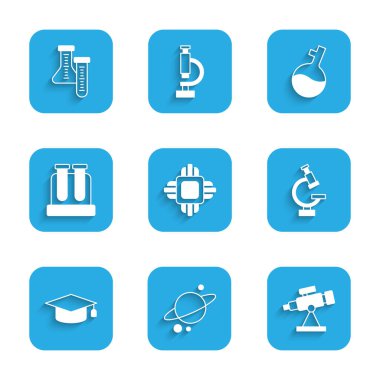 İşlemci CPU Gezegeni Satürn Teleskop Mikroskop Mezuniyet tüpü ve simgesi ayarla. Vektör.